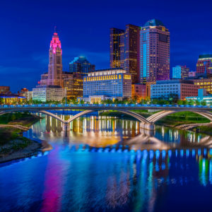Columbus Ohio reflected in Scioto River at Sunset