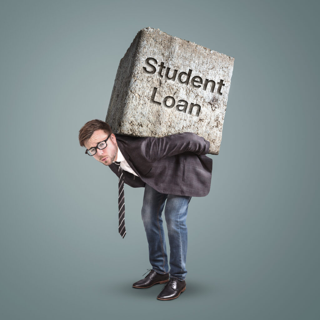 Professional carrying student loan debt on back